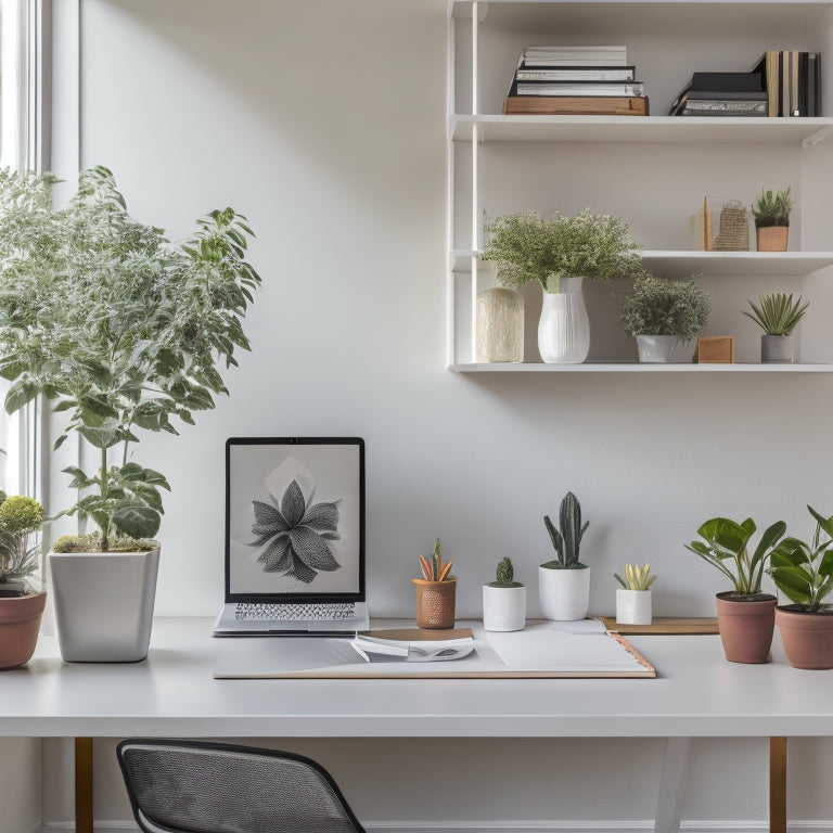 A serene, minimalist home office with a tidy desk, a few organized shelves, and a laptop open to a course website, surrounded by a few neatly labeled folders and a single, blooming plant.