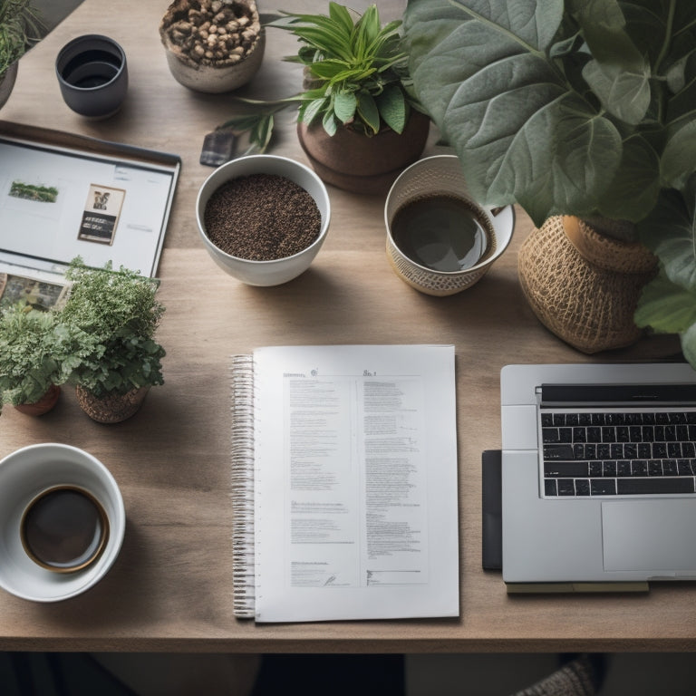 A cluttered desk with scattered papers, pens, and a laptop, transformed into a tidy space with a minimalist background, containing a sleek tablet, a few essential stationery items, and a cup of coffee, surrounded by calming plants.