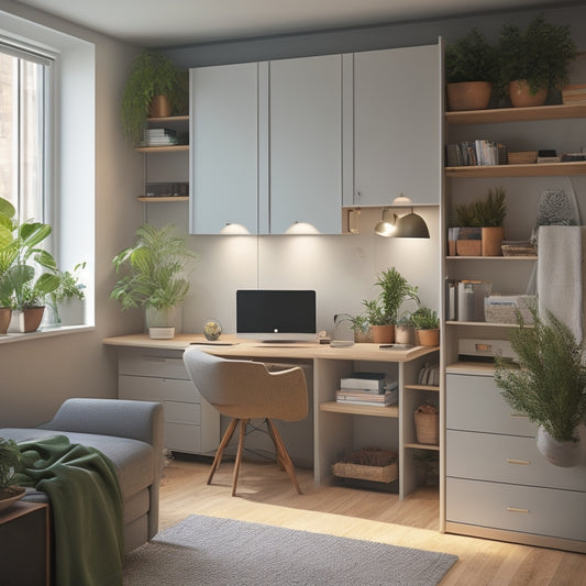 A clutter-free, minimalist room with a murphy bed, a desk with a retractable keyboard tray, and a bookshelf with sliding ladder, surrounded by soft, warm lighting and a few potted plants.