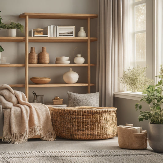 A serene, minimalist living room with a few, carefully curated decorative items, a tidy bookshelf, and a small, woven basket containing a few neatly folded throw blankets.