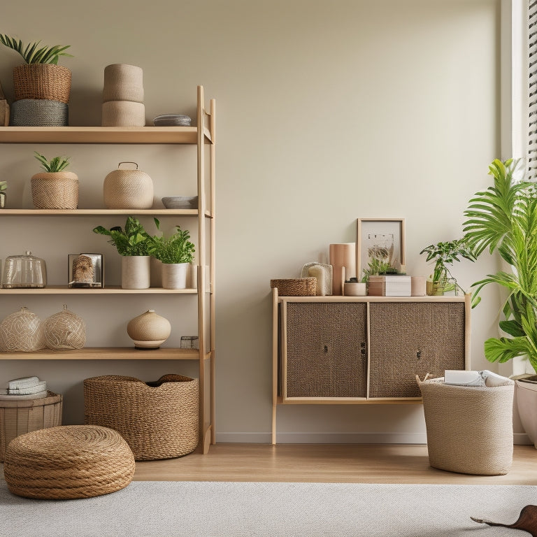 A serene, clutter-free living room with a sleek, wall-mounted shelving unit, woven baskets, and a minimalist coffee table with hidden storage, surrounded by lush greenery and soft, warm lighting.