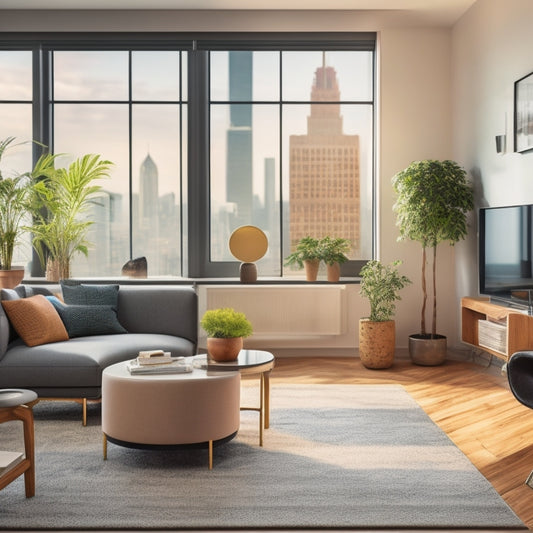 A tidy, minimalist living room with a few essential items: a couch, coffee table, TV, rug, potted plant, and a small bookshelf, with a subtle background of a cityscape through a large window.