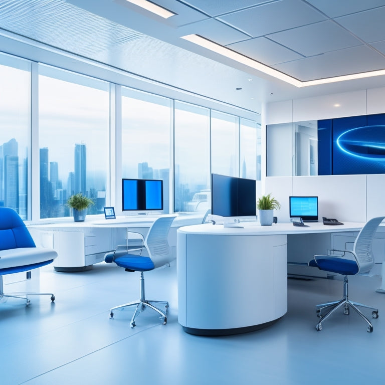 A futuristic, modern law office with sleek lines, minimalist decor, and a predominantly blue and white color scheme, featuring a central hub of interconnected computers and tablets.