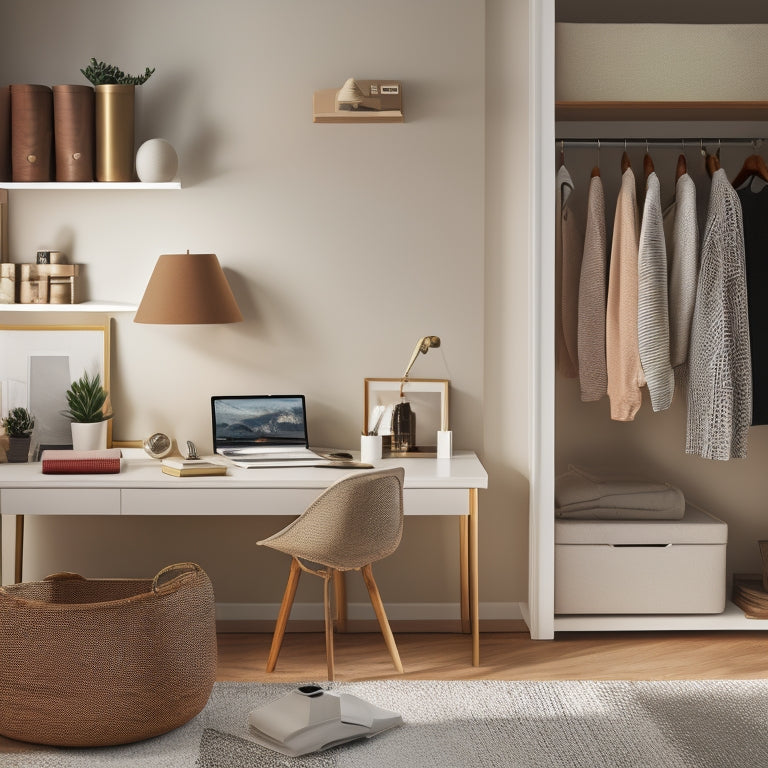 A serene, minimalist room with a few, carefully curated items on a shelf, a tidy desk with a laptop, and a small, organized closet with a few clothes and a storage bin.