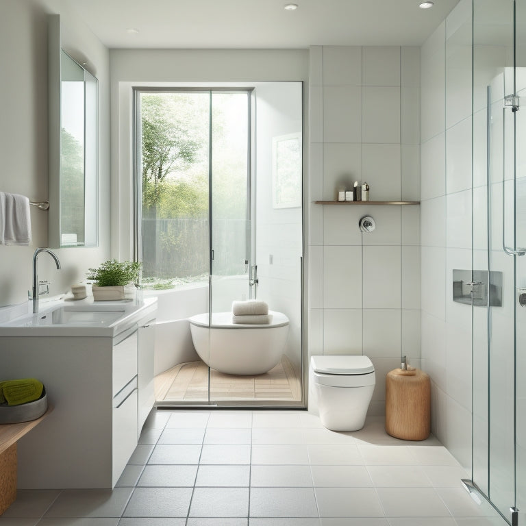 A serene, modern bathroom with a wall-mounted sink, a compact toilet, and a recessed medicine cabinet, surrounded by sleek, white tiles and a floor-to-ceiling glass shower enclosure.