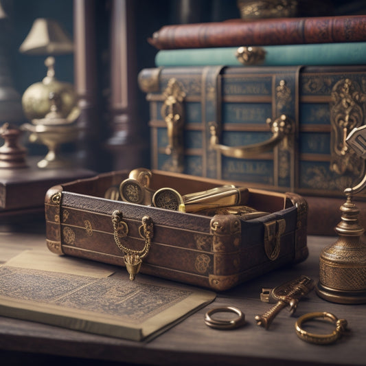 A golden key unlocking a treasure chest overflowing with neatly organized folders, each labeled with a different article title, surrounded by a subtle background of bookshelves and writing utensils.