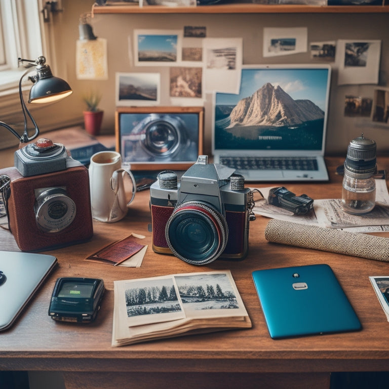 A nostalgic, clutter-free desk with a vintage camera, a smartphone, and a laptop, surrounded by scattered polaroid photos, a worn leather album, and a few loose family snapshots.