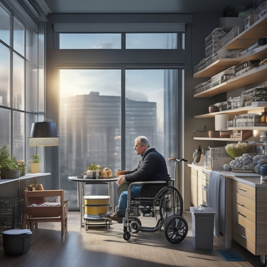 A warm, well-lit interior space with a person in a wheelchair, surrounded by modular shelving units, baskets, and adjustable storage systems, with a subtle background of a cityscape through a large window.