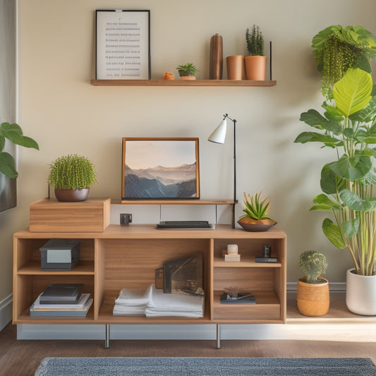 A serene, minimalist workspace with a wooden desk, a few neatly arranged storage bins, a small potted plant, and a handful of carefully selected, modern cleaning tools and organizers.