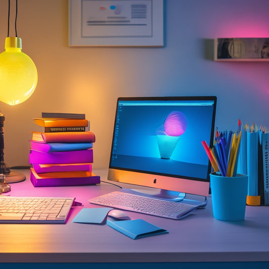 A bright, modern desk with a sleek laptop, surrounded by colorful sticky notes, a few open textbooks, and a single, shining lightbulb hovering above, symbolizing innovative learning.