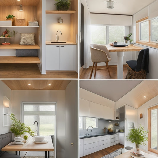A cozy, minimalist tiny home interior with a murphy bed, built-in shelves, and a compact kitchenette, featuring a retractable dining table and hidden storage compartments.