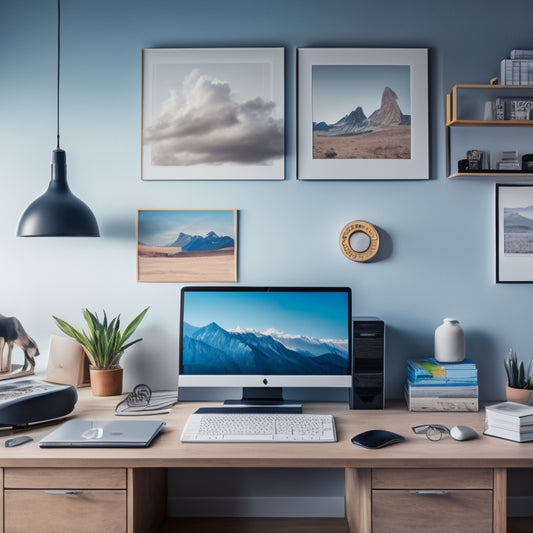A tidy home office with a minimalist desk, a laptop, and a few organized files, surrounded by a subtle background of connected devices and clouds, symbolizing online storage solutions.