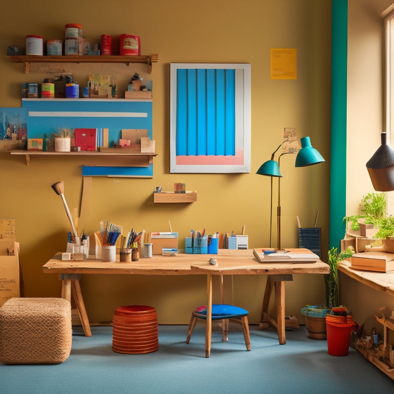 A creative workspace with a wooden table, surrounded by cardboard tubes of various sizes, paintbrushes, scissors, glue, and eco-friendly paint, with a partially crafted wall art piece in the background.