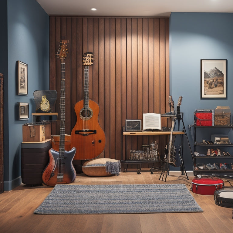 A tidy, well-lit music room with a variety of compact storage solutions: a wall-mounted guitar holder, stacked plastic bins for drumsticks and cables, and a foldable keyboard stand with built-in shelves.