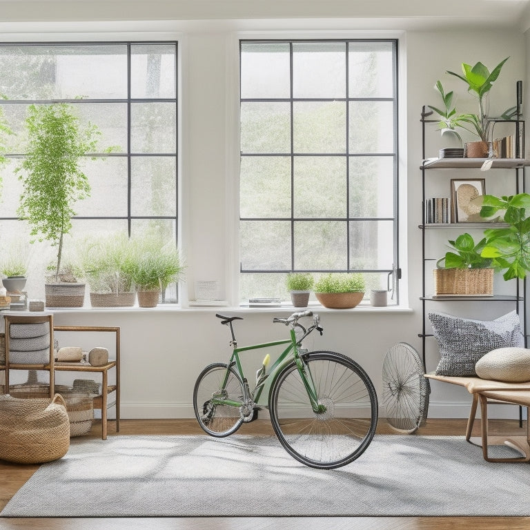 A bright, modern living room with a repurposed ladder bookshelf, woven basket coffee table storage, and a wall-mounted bike rack, surrounded by lush green plants and minimalist decor.