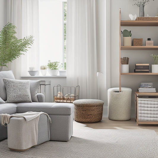 A tidy, minimalist living room with a few, thoughtfully placed storage bins and baskets, a labeled shelving unit, and a few items peeking out of a stylish ottoman with a lift-top.