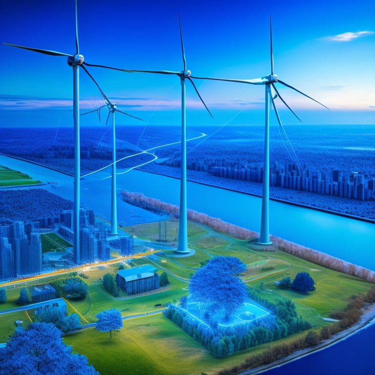 A stylized illustration of the New York State map with glowing blue lines and nodes, representing a network of renewable energy sources, surrounded by wind turbines, solar panels, and greenery.