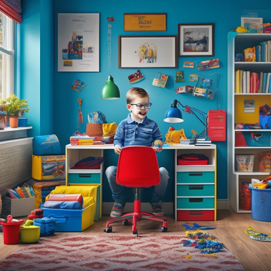 A colorful illustration of a tidy kid's room with a miniature desk, organized toy shelves, and a cheerful, bespectacled kid sitting cross-legged on the floor, surrounded by labeled bins and folders.