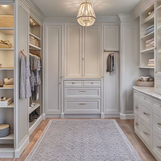 A serene, well-lit, and spacious walk-in closet with a mix of open shelves, drawers, and cabinets in a calming color palette, featuring a central island with a built-in bench and decorative rug.