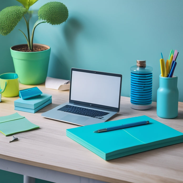 A minimalist desk with a laptop and a few colorful pens, surrounded by organized sticky notes and a tidy to-do list, with a subtle background of calming blue and green hues.