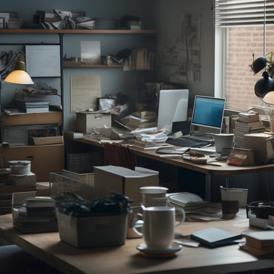 A cluttered urban apartment with a frazzled professional surrounded by scattered papers, laptops, and coffee cups, contrasted with a sleek, organized smart storage system in the background.