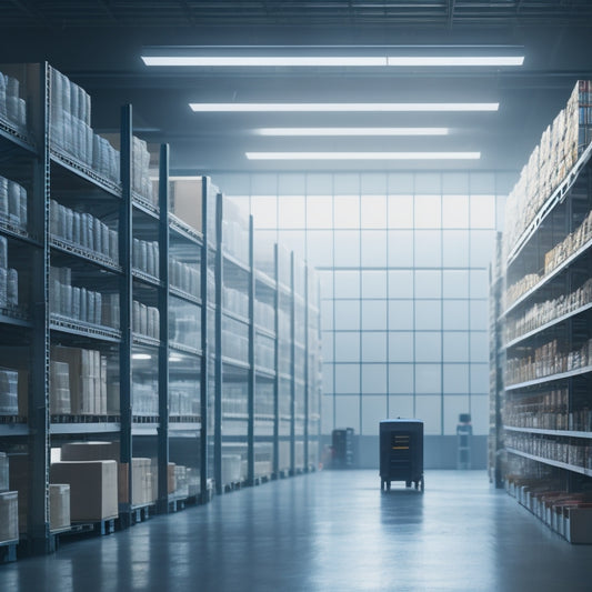 A futuristic, minimalist warehouse with towering shelves, sleek robots, and transparent storage bins filled with organized household items, surrounded by a cityscape in the background.