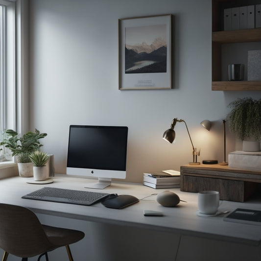 A serene, minimalist home office with a tidy desk, a single laptop, and a few organized files, surrounded by a faint, blurred background of a cluttered space, with a subtle glow effect.