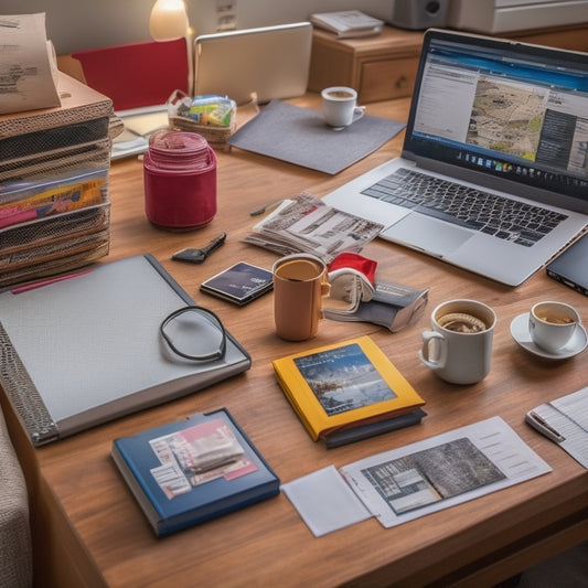 A cluttered college dorm room desk with laptops, notebooks, and coffee cups, surrounded by scattered papers and USB drives, with a few papers slipping off the edge, and a laptop screen displaying a cloud storage interface.