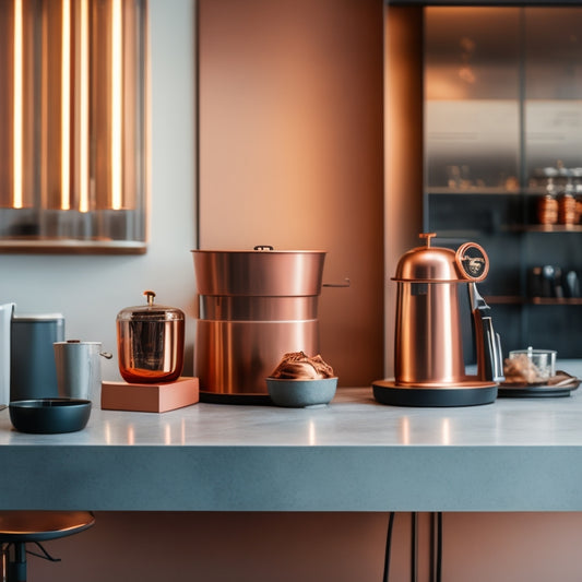 A minimalist, modern coffee shop interior with sleek machines, gleaming copper accents, and a prominent, curved coffee bean display amidst a subtle, industrial-chic background.