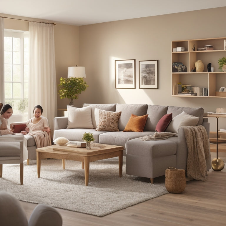 A serene, well-lit living room with a neutral beige wall, a minimalist sectional sofa, and a wooden coffee table, surrounded by neatly labeled storage bins and a few tasteful family photos.