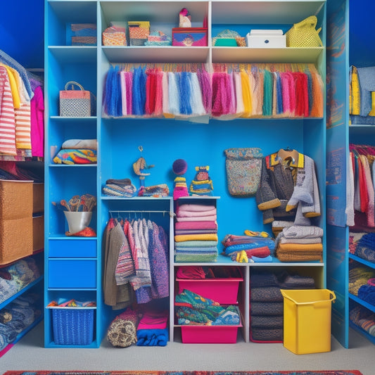 A cluttered kid's closet with clothes scattered on the floor, toys and books stacked haphazardly, and a few items hanging precariously from the rod, contrasted with a tidy, organized closet featuring a kid-friendly shelving system and colorful bins.
