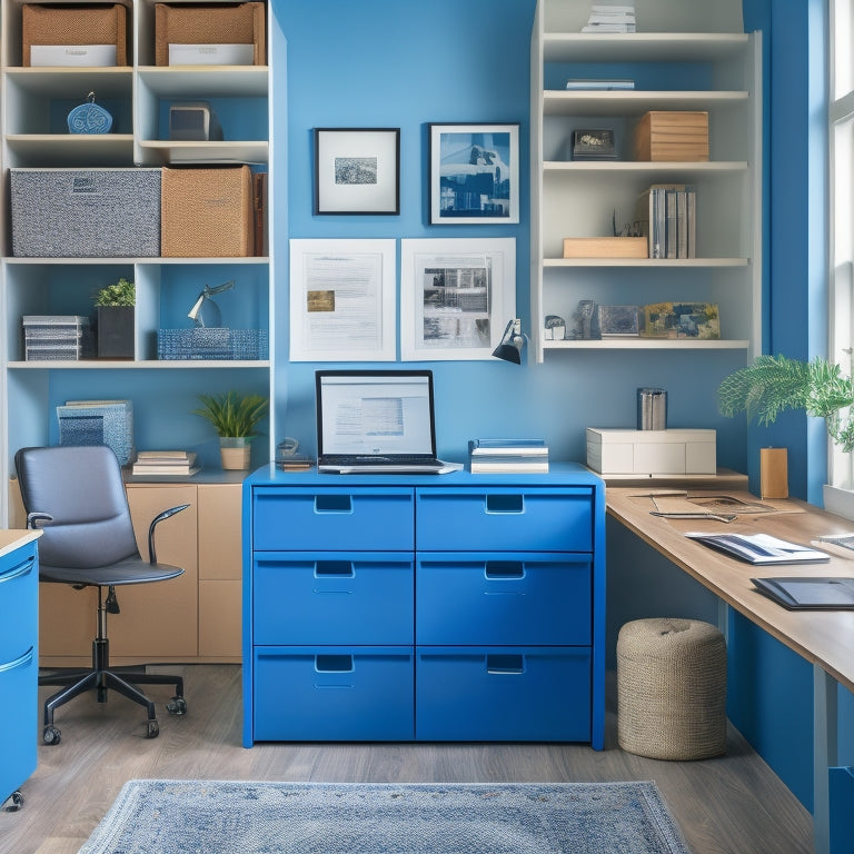 A clutter-free office desk with a few neatly organized file folders, a compact scanner, and a minimalist shelving unit in the background, holding labeled storage bins and a few rolled-up blueprints.