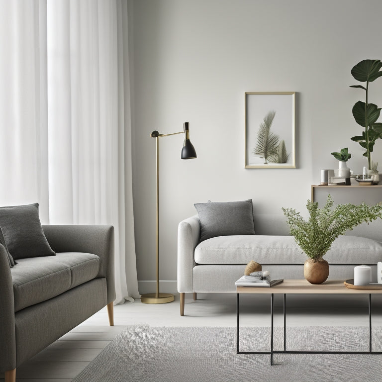 A serene, minimalist living room with a sleek, low-profile sofa, a few curated decorative objects on a floating shelf, and a small, organized desk with a single, potted plant.