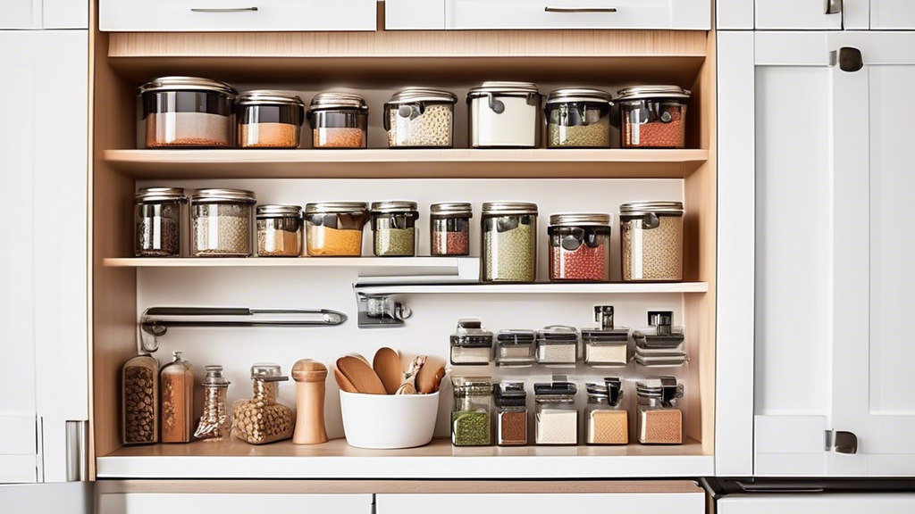Create an image of a beautifully organized kitchen with clever space-saving solutions, such as a magnetic knife strip, pull-out pantry shelves, hanging pot racks, labeled storage containers, and a compact spice rack. Show how these techniques maximiz