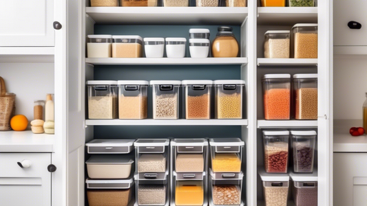 Create an image of a neatly organized pantry in a small kitchen, showcasing clever storage solutions such as sliding shelves, labeled containers, stackable bins, and hanging racks to maximize space and maintain organization.