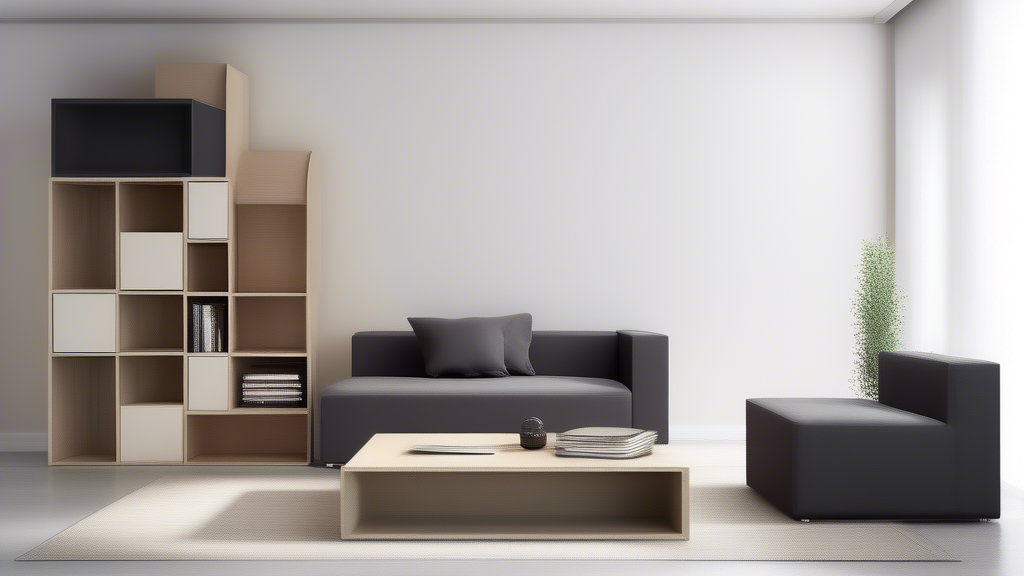 Create an image of a modern and stylish living room with unique and innovative storage cubes integrated seamlessly into the decor. Show different types of storage cubes designed for various functionalities such as storage ottomans, modular shelves, a