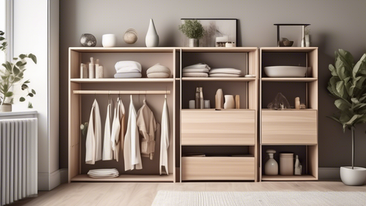 Create an image of a sleek and modern storage solution that maximizes space efficiency while maintaining a minimalist aesthetic. Show innovative ways to store items neatly and creatively, such as hidden compartments, built-in shelving, or foldable or