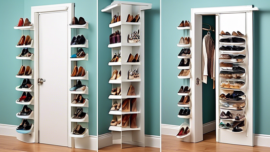 Create an image of a small, cramped closet space transformed into an organized oasis with creative and easy DIY vertical shoe rack solutions. Show various shoe storage ideas like hanging fabric pockets, wall-mounted shelves, or PVC pipe shoe organize