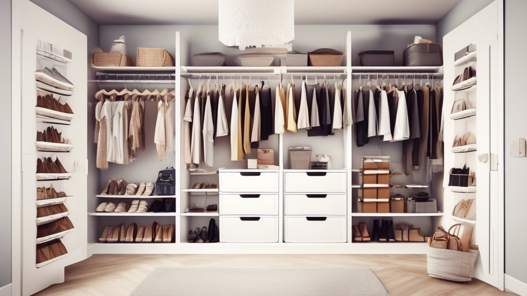 Create an image of a closet with clever organization hacks implemented, such as double-hanging rods, shoe racks, shelf dividers, and labeled bins for easy access and space-saving solutions. The image should showcase a neatly organized closet with var