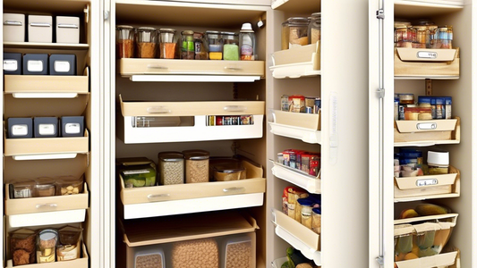 Create an image of a small kitchen pantry that is efficiently organized with labeled bins, stackable containers, hanging shelves, and sliding drawers, showcasing the benefits of compact pantry organization in small kitchens. The pantry should be neat