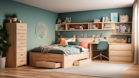 Create an image of a small bedroom with a platform bed, showcasing unique and innovative under-bed storage solutions such as built-in drawers, pull-out baskets, sliding shelves, or hidden compartments to maximize space efficiency.
