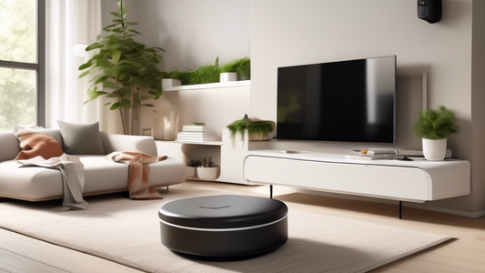 Create an image of a sleek and modern living room filled with innovative space-saving home gadgets such as a wall-mounted folding table, a compact robotic vacuum cleaner, a convertible sofa-bed, a vertical garden on the wall, and a smart storage otto