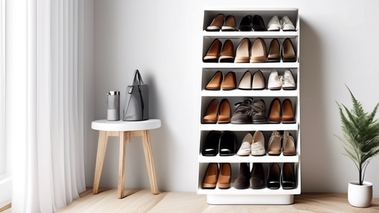 Create an image of a vertical shoe rack design tailored for small spaces, showcasing unique and space-saving storage solutions for various types of shoes. The design should highlight creativity and efficiency in organizing and storing shoes in a vert