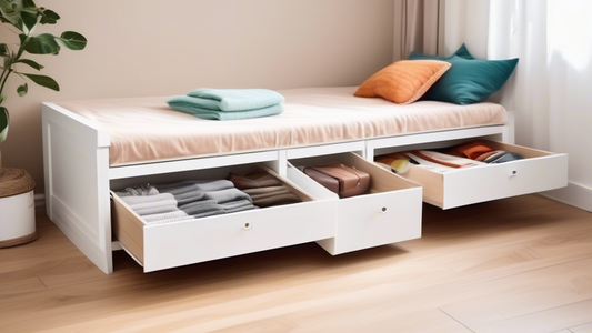 Create an image of a stylish and efficient under-bed storage solution for small spaces, featuring drawers, shelves, or compartments to help maximize storage space while keeping the room organized and clutter-free.