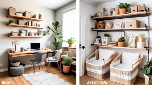 Create an image of a small, cluttered room transformed into a tidy and organized living space using space-saving home organizers like floating shelves, collapsible storage bins, and wall-mounted hooks. The before and after should showcase the dramati