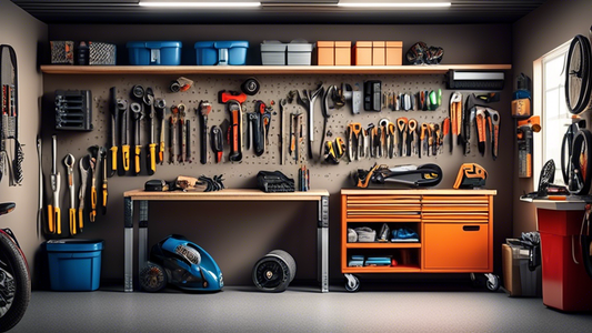 Create an image of a small garage with ingenious storage solutions, such as wall-mounted shelves, pegboards, overhead racks, and clever organization systems that make the most of the limited space available. Show a variety of tools, sports equipment,