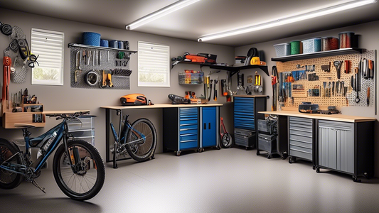 Create an image of a small garage with limited space, cleverly organized with the top 7 garage storage solutions such as ceiling-mounted shelves, wall-mounted racks, clear storage containers, pegboards, magnetic tool holders, bike hooks, and folding 