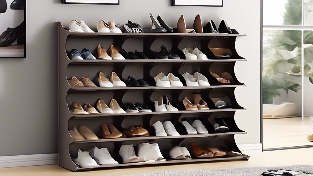 Create an image of a stylish and modern shoe rack showcasing different innovative storage solutions for organizing footwear. Include compartments for different types of shoes, such as heels, sneakers, and boots, as well as creative ways to display an