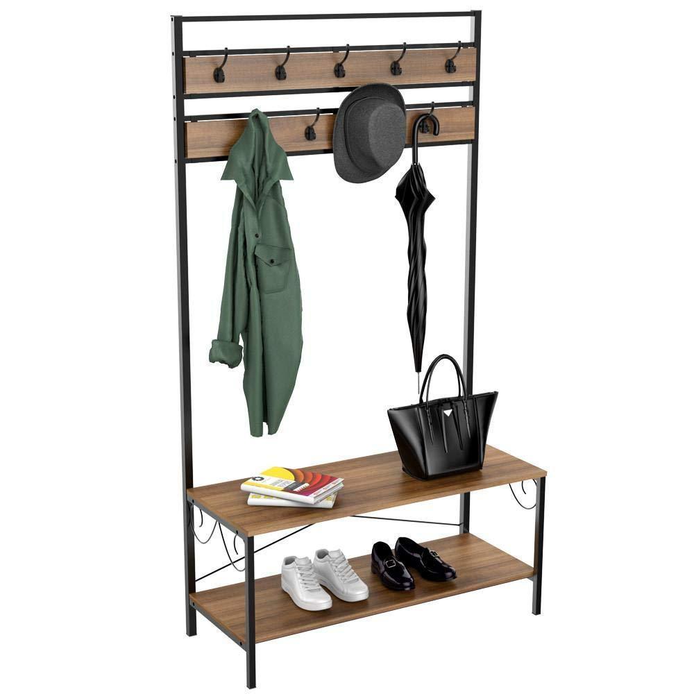 Vintage Coat Rack, 3-in-1 Hall Tree, Entryway Shoe Bench Coat Stand, Storage Shelves 9 Hooks in Black Metal Finish