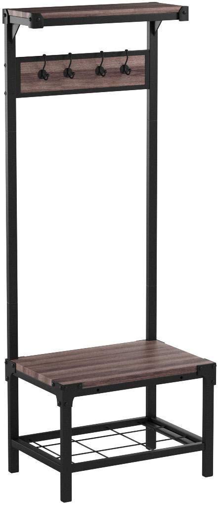 Reclaimed Oak Industrial Look Entryway Shoe Bench with Coat Rack Hall Tree Storage Organizer 8 Hooks in Black Metal Finish